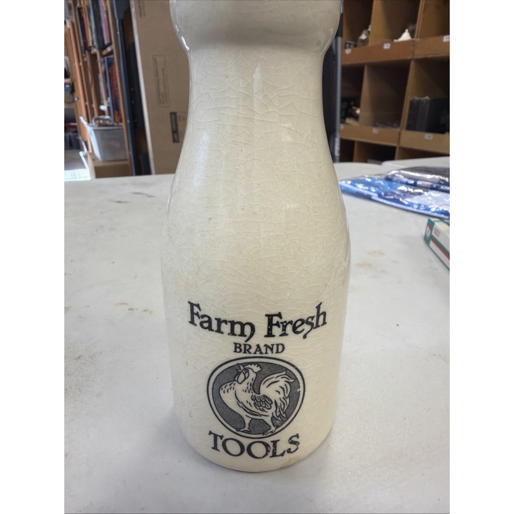 Vintage Style Milk Bottle Vase Farm Fresh Brand Rooster Logo Ceramic 7 in.